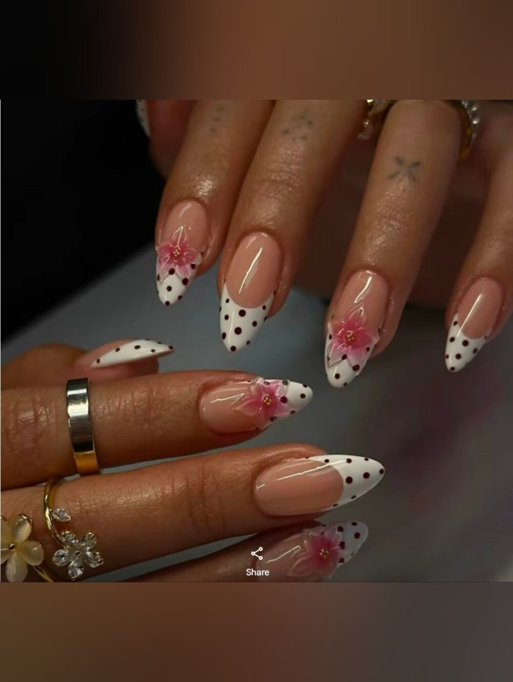 3D Carved Nude Pink Floral Press-On Nail Set with Polka Dot Accent - POLKA BOP